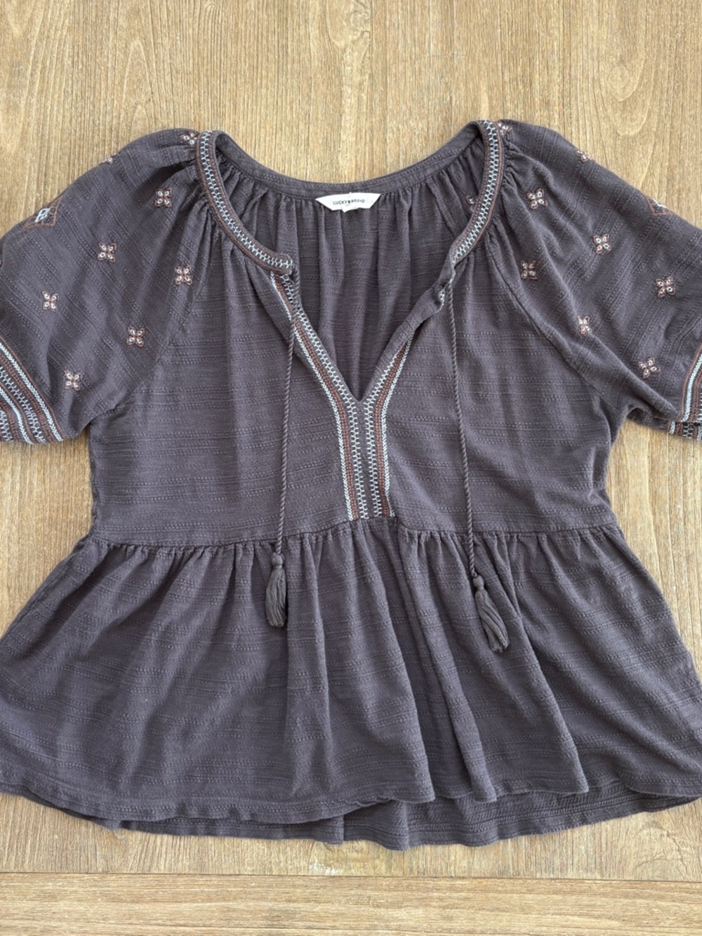 Lucky Brand Charcoal Peplum Tunic with Embroidered Accents